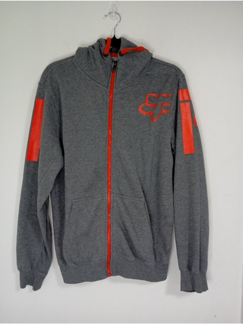 Fox Mens Grey Hoodie With Red Fox Logo & Full Zip Closure Size M